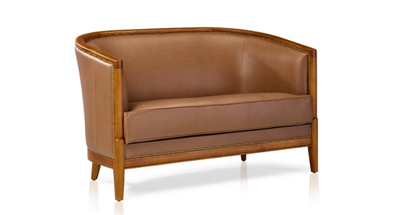 Canapé vintage 2 places bois teinte meriser et cuir noisette