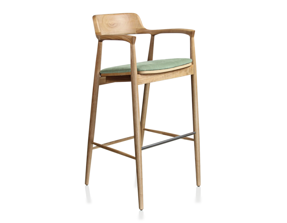 Tabouret de bar h80 cm bois teinte naturelle assise tissu vert Tabouret de bar h80 cm bois teinte naturelle assise tissu vert