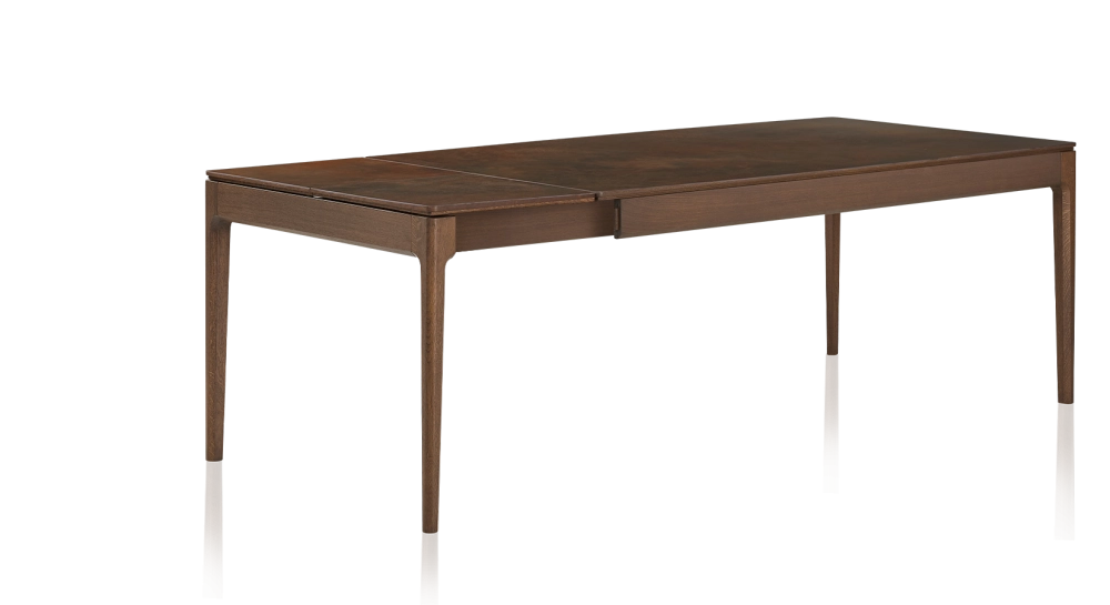 Table extensible 8 à 12 personnes en chêne et céramique allonges céramique avec bois teinte marron foncé et plateau et allonges céramique brun oxydé 160x100 cm