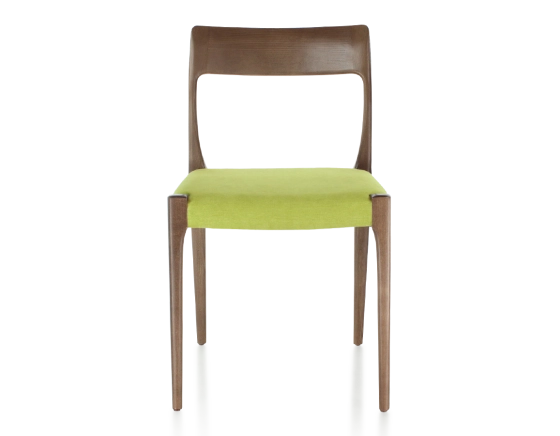 Chaise scandinave bois teinte marron foncé assise tissu vert pomme