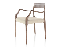 Chaise scandinave avec accoudoirs bois teinte marron foncé assise tissu camel Chaise scandinave avec accoudoirs bois teinte marron foncé assise tissu camel