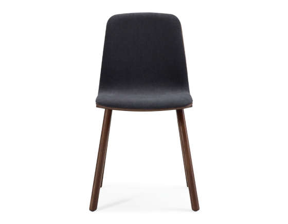 Upholstered oak designer chair dark brown stained wood, charcoal grey fabric seat