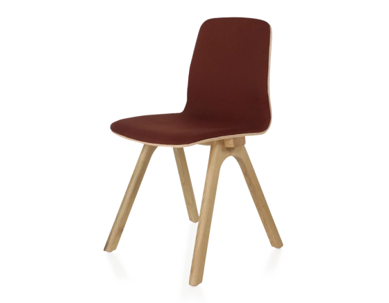 Upholstered oak designer chair natural wood stain burgundy fabric seat