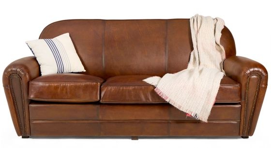 Canapé club cuir 3 places marron vintage accoudoirs cloutés