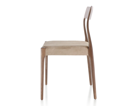 Scandinavian chair dark brown stained wood, light taupe velvet seat