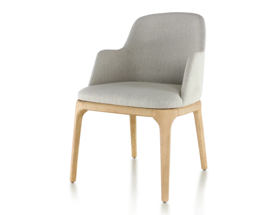 Designer chair with armrests natural stained wood and natural beige fabric