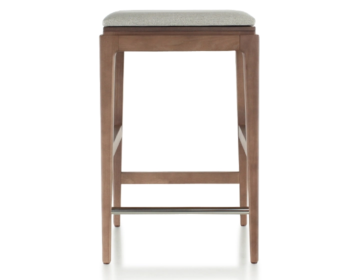 Tabouret de bar design H60 cm bois teinte noyer assise tissu beige naturel Tabouret de bar design H60 cm bois teinte noyer assise tissu beige naturel