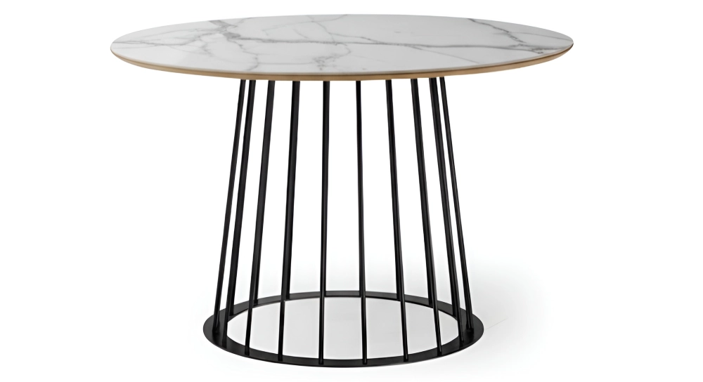 Table salle à manger ronde en chêne et céramique pied métal noir et plateau céramique effet marbre blanc 120x120