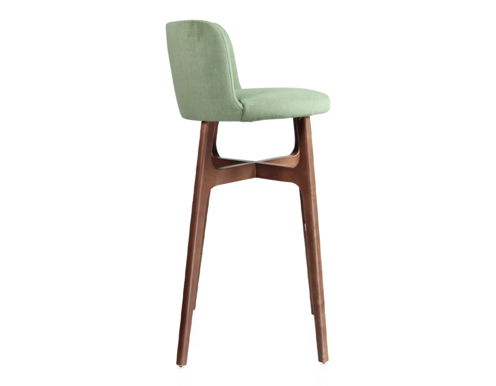 Tabouret de bar h80 cm bois teinte noyer assise tissu vert Tabouret de bar h80 cm bois teinte noyer assise tissu vert