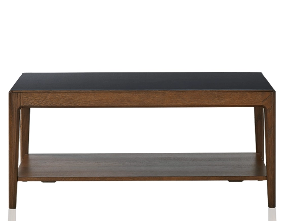 Table basse rectangulaire en chêne et céramique avec tablette en bois teinte marron foncé plateau céramique noir unie 100x50 cm