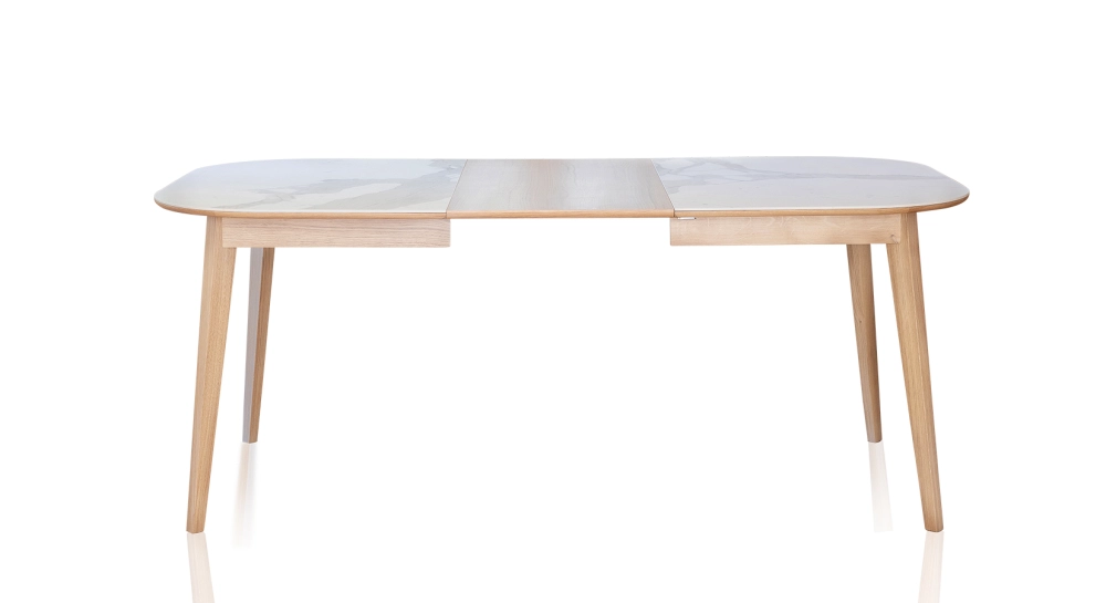 Table extensible 6 à 12 personnes en chêne et céramique allonges bois avec bois teinte naturelle et plateau céramique effet marbre blanc 140x100 cm Table extensible 6 à 12 personnes en chêne et céramique allonges bois avec bois teinte naturelle et plateau céramique effet marbre blanc 140x100 cm