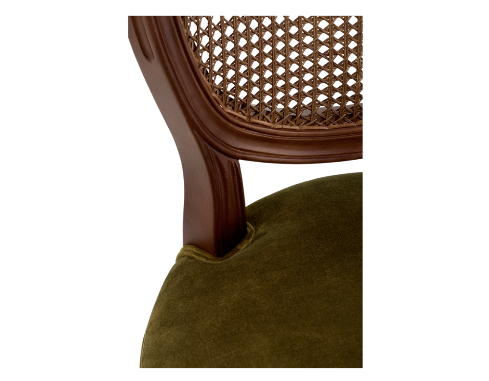 Chaise ancienne style Louis XVI bois teinte marron foncée dossier canné assise tissu velours vert olive Chaise ancienne style Louis XVI bois teinte marron foncée dossier canné assise tissu velours vert olive