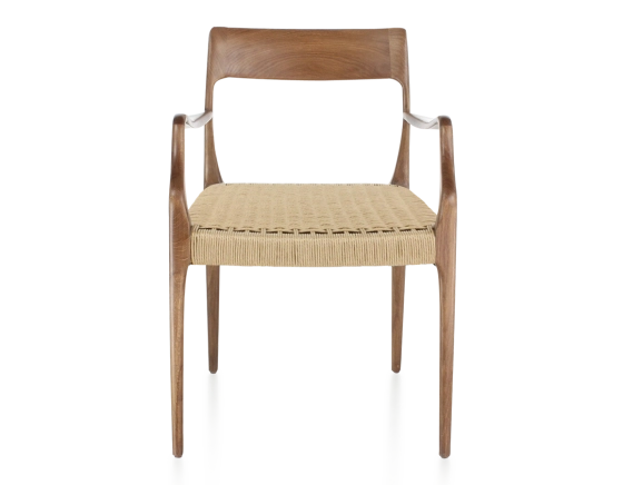 Scandinavian armchair with armrests walnut-stained wood, rope seat