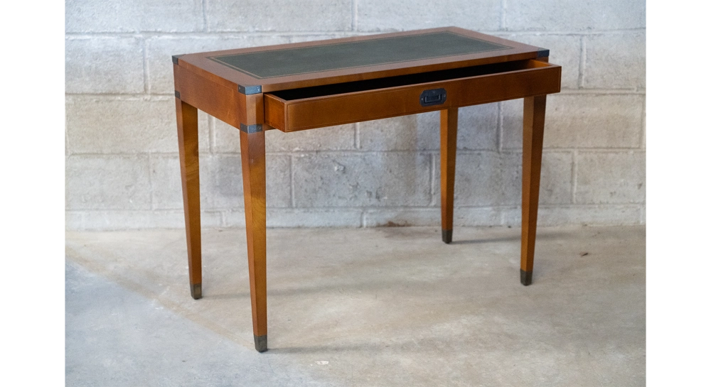 Bureau marine 1 tiroir bois teinte merisier et cuir vert