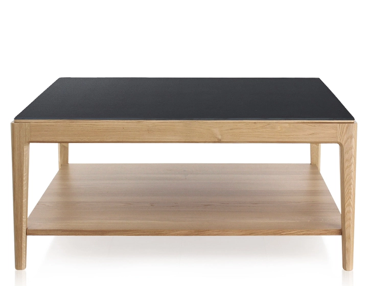 Square coffee table in oak and ceramic with shelf in natural stained wood, plain black ceramic top 100x100 cm Square coffee table in oak and ceramic with shelf in natural stained wood, plain black ceramic top 100x100 cm