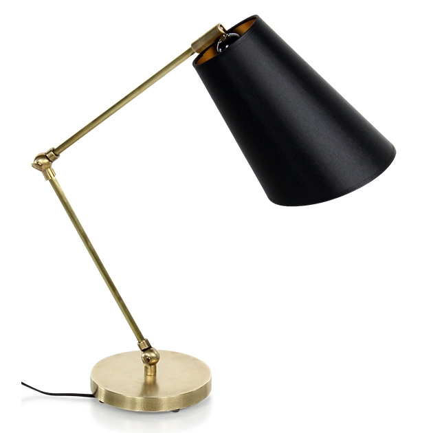 Black articulated desk lamp with black shade and gold interior Black articulated desk lamp with black shade and gold interior