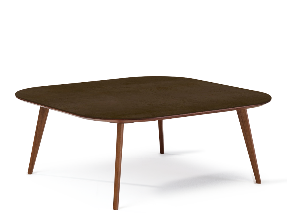 Table basse carré aux angles arrondis F2 en noyer et céramique bois teinte naturelle plateau céramique brun oxydé 90x90x40 cm