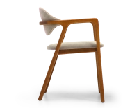 Designer armchair cherry wood stain and taupe fabric Designer armchair cherry wood stain and taupe fabric