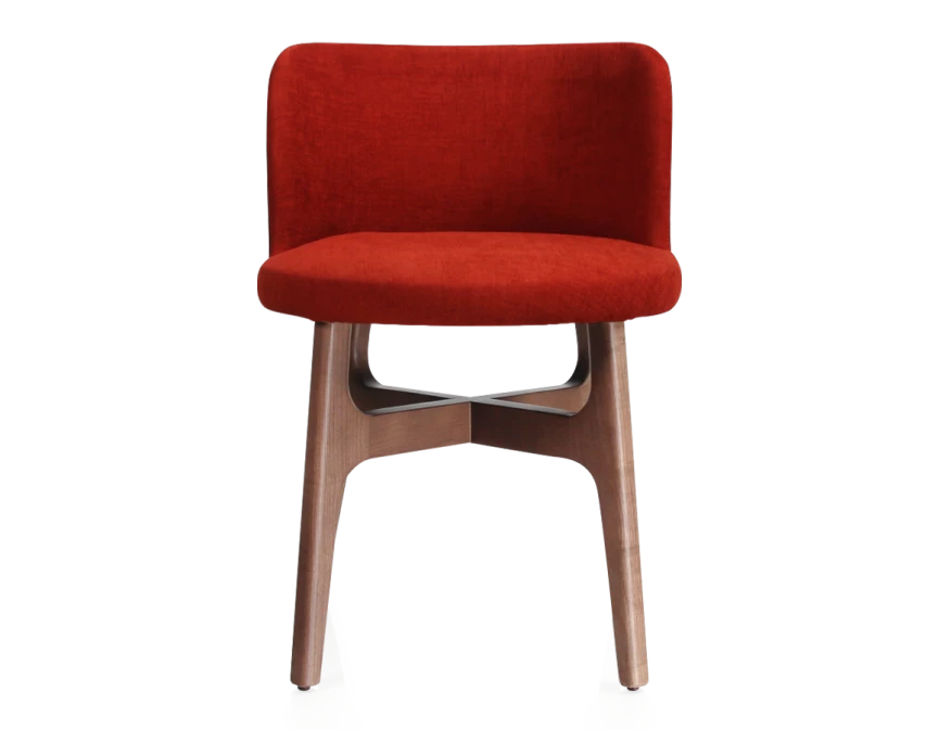 Chaise design bois teinte noyer assise tissu orange brulé