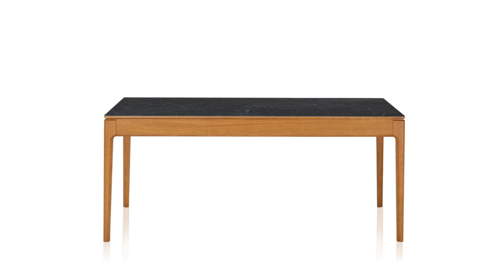 Table extensible 8 à 12 personnes en chêne et céramique allonges céramique avec bois teinte merisier et plateau et allonges céramique effet ardoise 180x100 cm