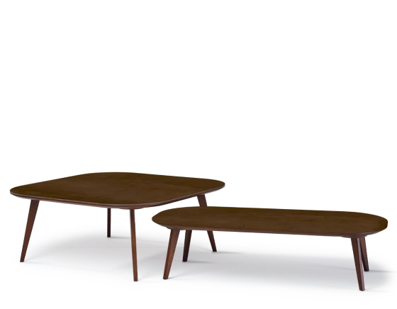 Duo de tables basses F2 et F6 plateau céramique bois teinte marron foncé plateau céramique effet rouille