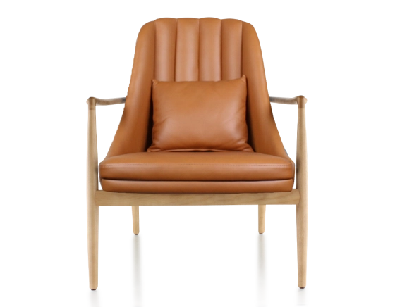 Fauteuil scandinave bois teinte naturelle et cuir caramel