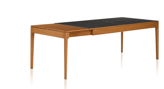 Extendable table for 6 to 10 people in oak and ceramic with wooden extensions with cherry-tinted wood and slate-effect ceramic top 140x90 cm