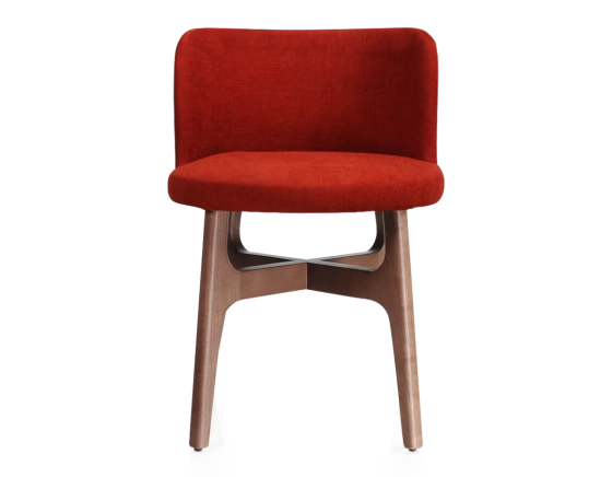 Designer chair wood stained walnut seat burnt orange fabric