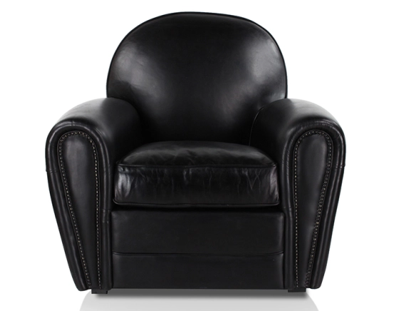 Fauteuil club cuir noir accoudoirs cloutés