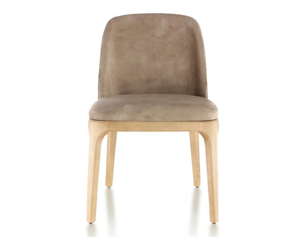 Designer chair natural stained wood and light taupe velvet fabric Designer chair natural stained wood and light taupe velvet fabric