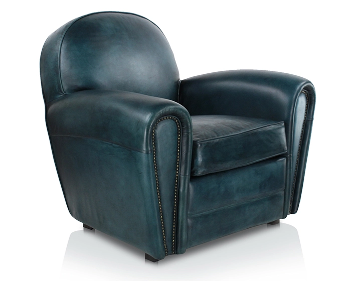 Fauteuil club cuir bleu accoudoirs cloutés Fauteuil club cuir bleu accoudoirs cloutés