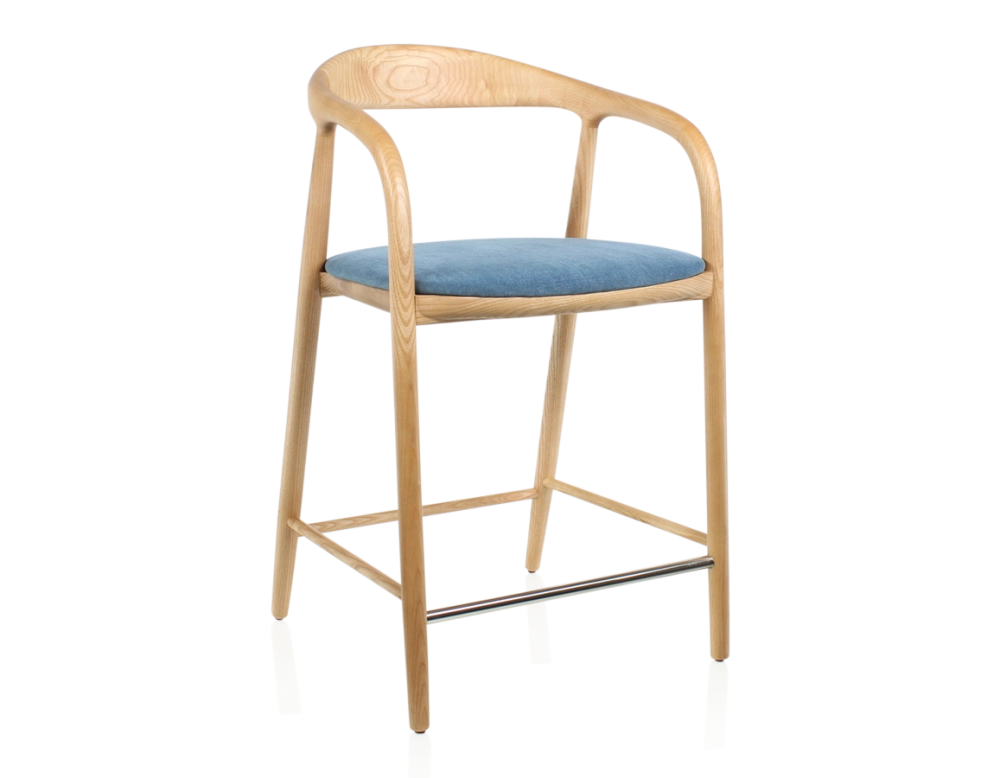 Tabouret de bar H60 cm bois teinte naturelle et tissu bleu jean Tabouret de bar H60 cm bois teinte naturelle et tissu bleu jean