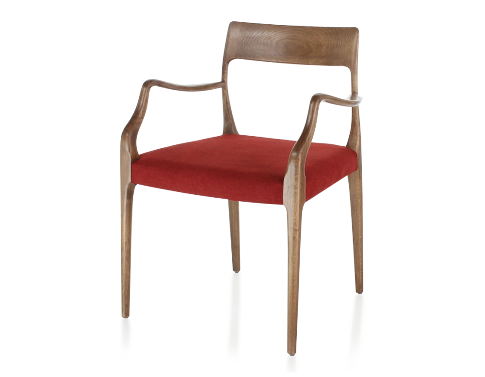 Chaise scandinave avec accoudoirs bois teinte noyer assise tissu bordeaux Chaise scandinave avec accoudoirs bois teinte noyer assise tissu bordeaux