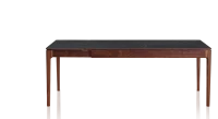 Table extensible en noyer et céramique allonges céramique avec bois teinte naturelle et plateau et allonges céramique effet ardoise 140x100 cm