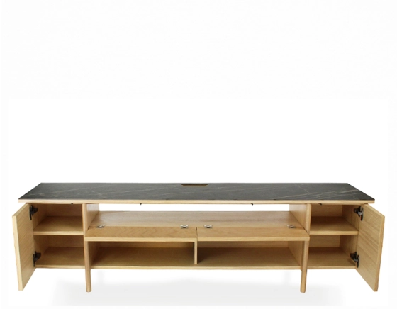 TV unit in natural oak and black marble ceramic
