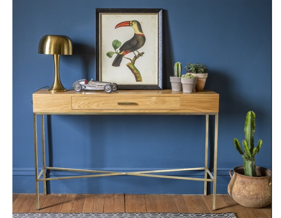 Console design natural stained ash and brass patina metal 100 cm