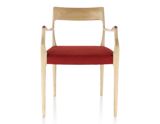 Scandinavian armchair with armrests natural wood stain burgundy fabric seat