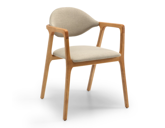 Designer chair with armrests natural wood stain and camel fabric
