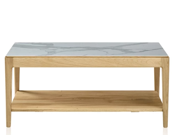 Table basse rectangulaire en chêne naturel et céramique effet marbre blanc avec tablette 100x50 cm