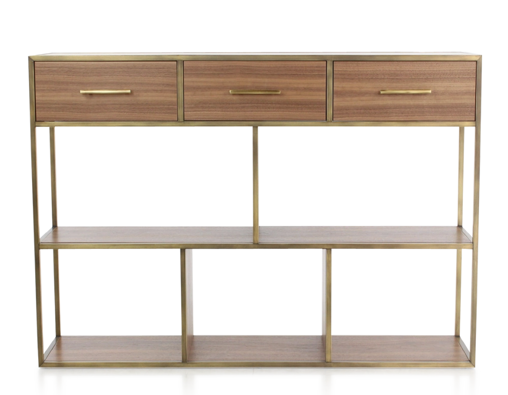 Console design noyer teinte naturelle et métal patine laiton Console design noyer teinte naturelle et métal patine laiton