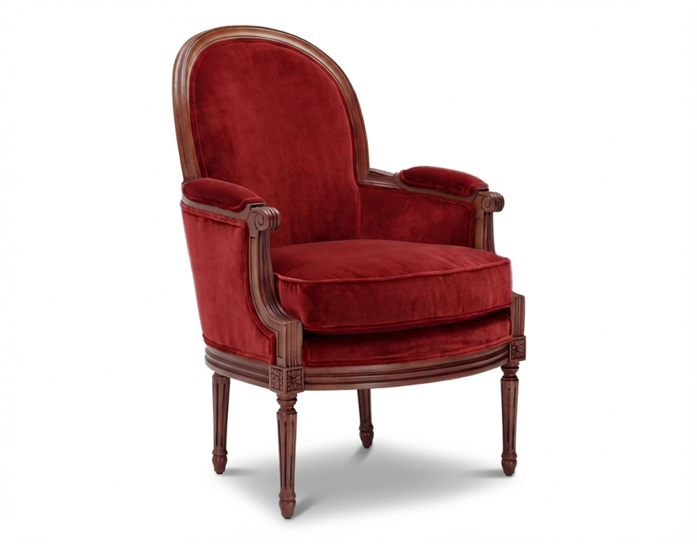 Sillón bergère moldurado estilo Luis XVI bois teinte ancienne et tissu bordeaux