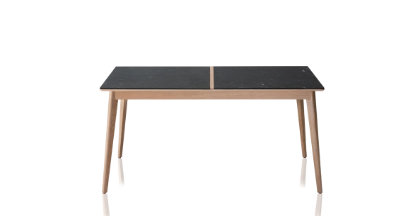 Extendable table for 8 to 10 people in oak and ceramic with wooden extensions with natural wood stain and slate effect ceramic top 180x90 cm