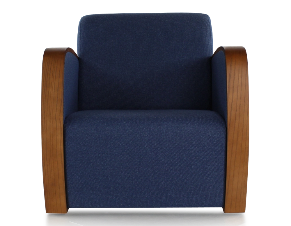 Fauteuil design bois teinte merisier et tissu bleu marine Fauteuil design bois teinte merisier et tissu bleu marine