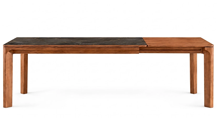 Table extensible 6 à 8 personnes en noyer et céramique allonges bois avec bois teinte naturelle et plateau céramique effet marbre noir 140x90 cm
