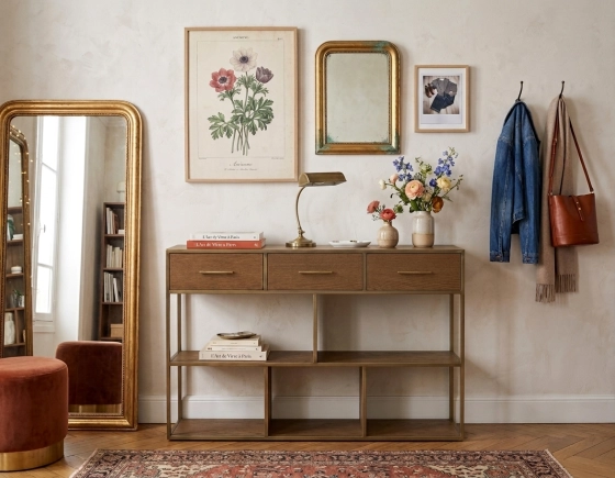 Ash console design frêne teinte noyer et métal patine laiton