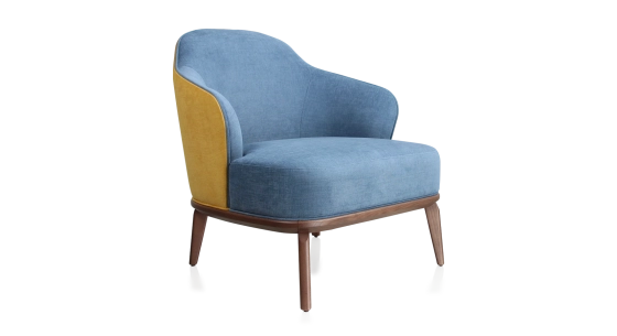 Fauteuil design tissu jaune et bleu jean