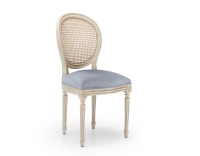 Chaise ancienne style Louis XVI bois teinte blanche cérusée dossier canné assise tissu chevron bleu Chaise ancienne style Louis XVI bois teinte blanche cérusée dossier canné assise tissu chevron bleu