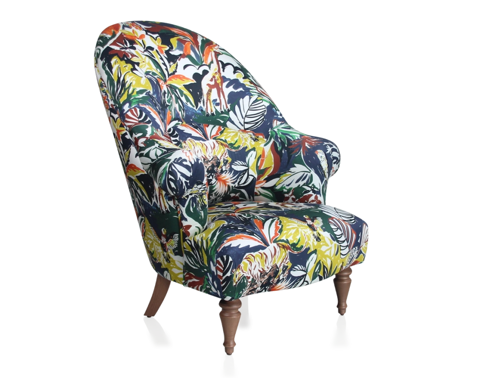Toad armchair with armrests walnut-stained wooden legs and high-backed jungle fabric Toad armchair with armrests walnut-stained wooden legs and high-backed jungle fabric