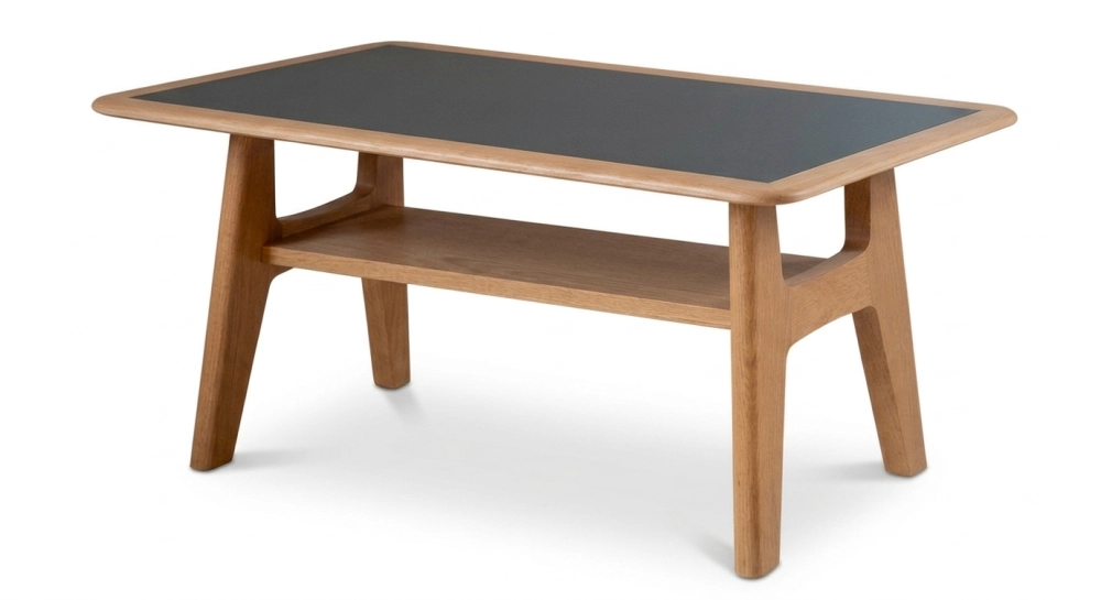 Square coffee table in oak and ceramic. with a natural wood finish and a white marble-effect ceramic top. 120x120 cm