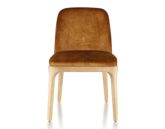 Chaise design bois teinte naturelle et tissu velours bronze